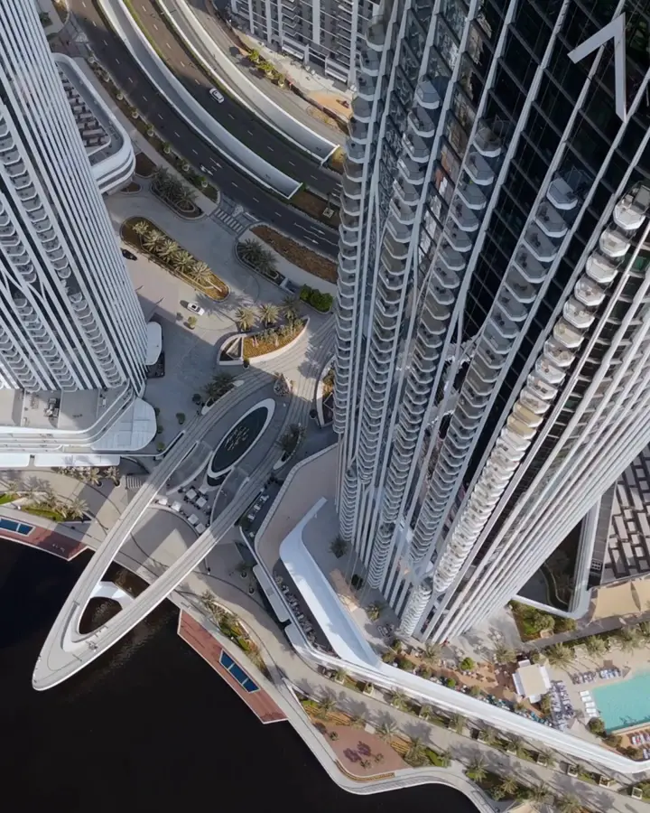 Looking straight down a cluster of Dubai towers