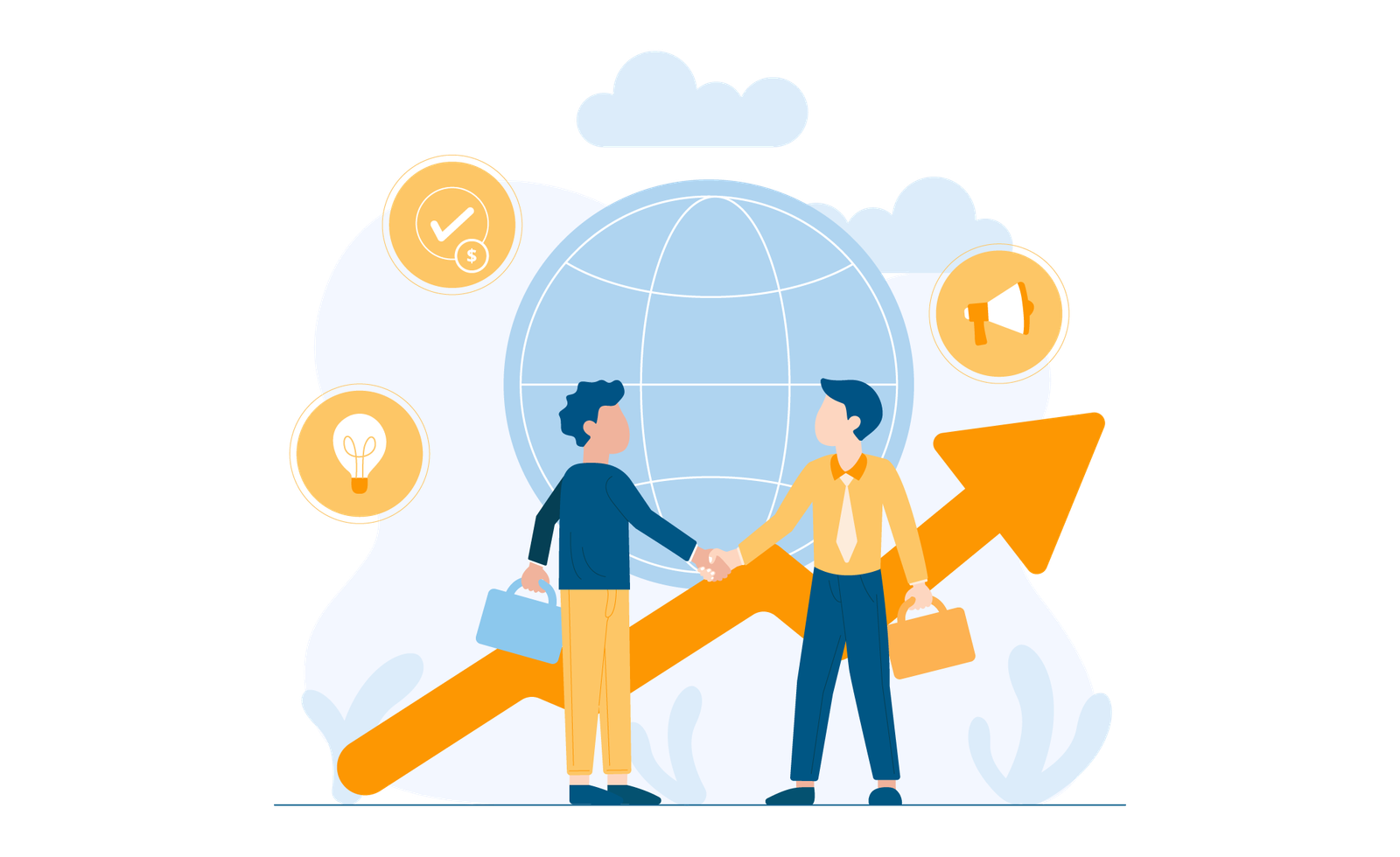 Two businessmen shaking hands in front of a globe and growth arrow — symbolizing international business success and partnership.